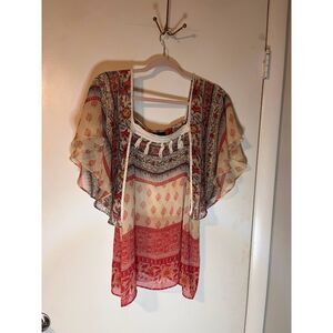 Lane Bryant Blouse 18/20 Cream Pink Brown Butterfly Sleeves Sheer Flowy Bohochic